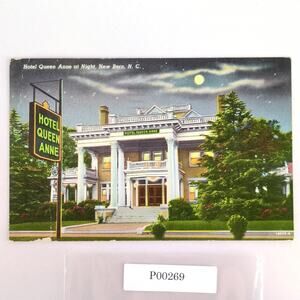 Vintage Linen Postcard 1948 Hotel Queen Anne At Night New Bern North Carolina NC